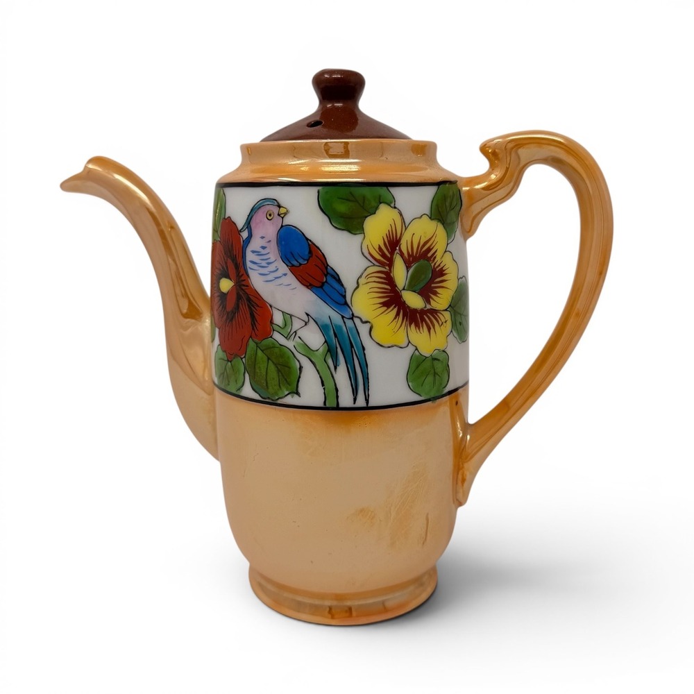 Vintage Japanese Lusterware Teapot Peach Hand Painted Parrot Floral Made Japan